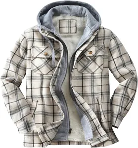 Close-up of men's hooded flannel plaid jacket with thick fleece lining