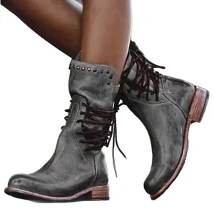 Vintage grey lace-up ankle boots with studded detail and wooden sole for women