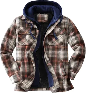 Macro detail of men's plaid flannel jacket showing warm navy fleece lining and texture.
