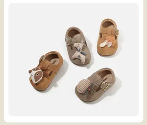 Detailed view of four baby soft sole walking shoes featuring cute 3D cartoon animal patches