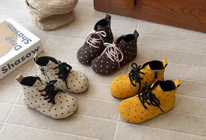 Selection of stylish polka dot suede boots for girls with round toe and side zipper details
