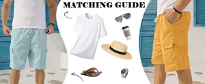 Men's corduroy cargo shorts matching guide with t-shirt, straw hat and sunglasses