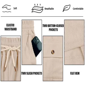 Close-up details of men's beige corduroy cargo shorts showing pockets and waistband