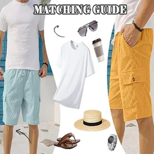 Summer matching guide featuring men's corduroy cargo shorts and casual beach accessories