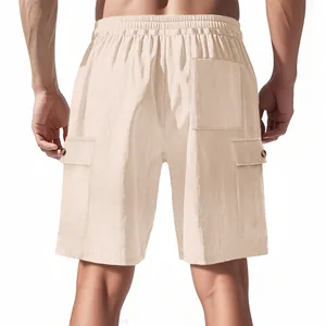 Detailed back view of men's beige corduroy cargo shorts featuring functional pockets