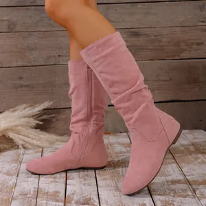 Fashionable pink suede-like ruched mid-calf flat boots featuring a side zipper