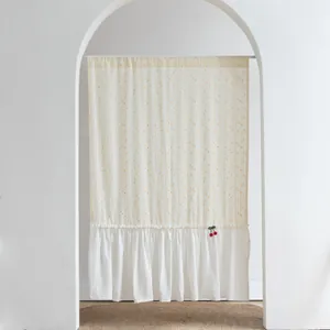 Artistic Pure Cotton Door Curtain Japanese Style Daisy Polka Dot Print With Cherry Pendant Ruffle Trim Rod Pocket Fabric Partition Curtain