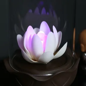 Decorative white lotus LED night light lamp with glass dome cover for Zen home