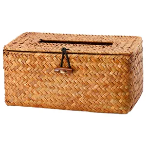 Handgefertigte Taschentuchbox aus Naturstroh mit stilvollem Holzknopf-Verschluss