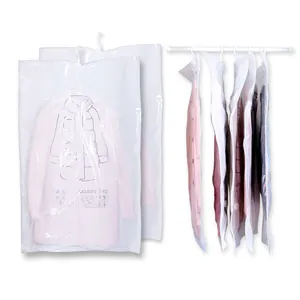 Hanging vacuum storage bags for clothes organizer, space-saving clear plastic bags.