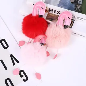 Flamingo Pompom Keychain Faux Fur Plush Animal Bag Charm With Synthetic Leather Detail Heart Wing Metal Ring For Women Bag Pendant