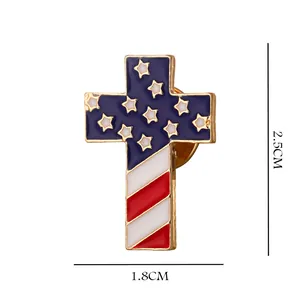 Detailed macro view of American flag cross brooch with 2.5cm height dimension