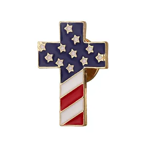 Metal cross brooch pin featuring American flag design with stars and stripes