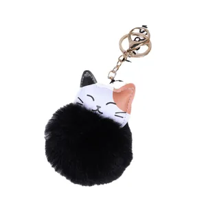 Porte-clés pompon en fausse fourrure noire avec tête de chat porte-bonheur pour sacs