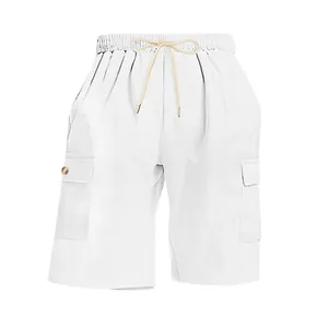 Detail view of men's white corduroy cargo shorts with adjustable drawstring waist