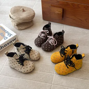 Girls Polka Dot Martin Boots Korean British Style Round Toe Cow Suede Soft Sole Ankle Boots For Toddler Little Kids