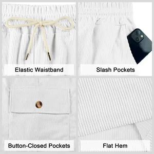 Detail view of men's white corduroy shorts showing elastic waist and multiple pockets