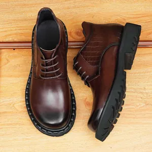 Classic men's brown leather Martin boots with crocodile pattern and thick anti-slip sole