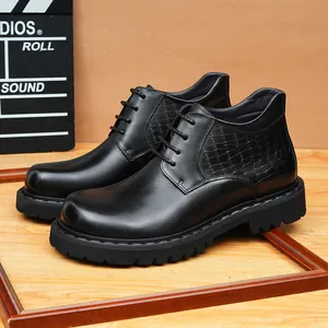 Men's premium black leather boots with crocodile texture and thick soles for a classic look