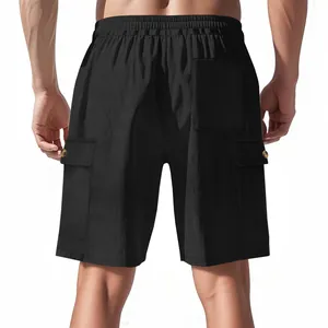 Rear view of comfortable men's black corduroy cargo shorts with elastic waist and pockets