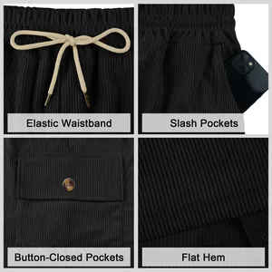 Features of men's black corduroy cargo shorts including pockets and elastic waist.