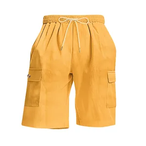 Detailed texture of yellow corduroy cargo shorts for men with drawstring waist and pockets