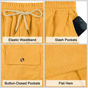 Detailed views of yellow corduroy shorts showing the waistband, pockets, and hem details.