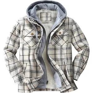 Men Plaid Hooded Jacket Thick Fleece Lined Flannel Brushed Loose Fit Casual Winter Coat Long Sleeve Heavy Outerwear Top
