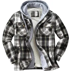 Men's fleece-lined plaid flannel hooded jacket with thick sherpa lining for winter