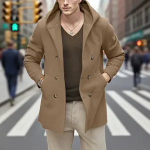 Plan détaillé montrant la coupe élégante du trench camel à capuche pour hommes