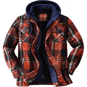 Men's orange plaid flannel hooded jacket featuring a warm fleece lining and zipper closure