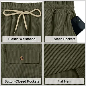 Detailed macro views showing specific features of olive green corduroy cargo shorts