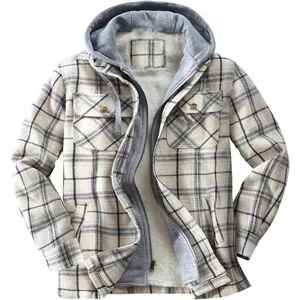 Men's plaid flannel hooded jacket with warm fleece lining and chest pockets for winter