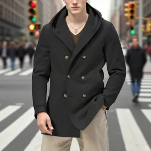 Caban noir à boutonnage croisé avec capuche pour homme, coupe mi-longue d'automne.
