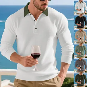 Polo à manches longues pour hommes en maille côtelée épaisse avec col à revers décontracté