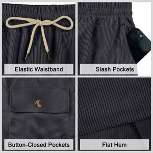 Detail collage of men's corduroy cargo shorts showing waistband, pockets, and hem.