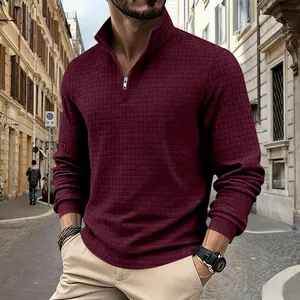 Felpa da uomo bordeaux con mezza zip e trama a griglia in stile casual urbano