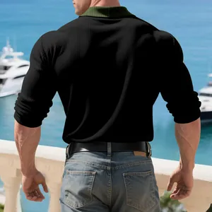 Polo à manches longues pour hommes en tricot côtelé épais noir et vert, vue de dos