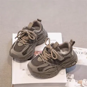 Breathable mesh dad sneakers for girls in beige color with a stylish thick anti-slip sole