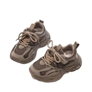 Stylish girls' mesh breathable chunky sneakers in brown for 2025 autumn sports