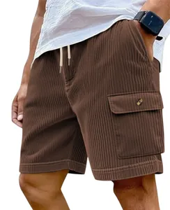 Close-up detail of men's brown corduroy cargo shorts highlighting texture and pocket