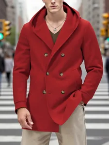 Imperméable Homme Style Européen Longueur Moyenne Double Boutonnage Décontracté à Capuche Revers Pardessus Couleur Unie Automne