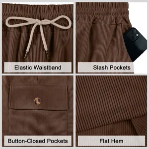 Detailed close-up view of men's corduroy cargo shorts elastic waist and pockets