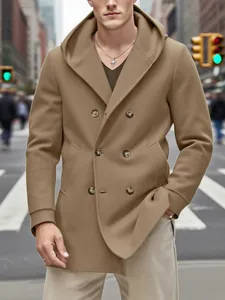 Manteau caban à capuche croisé élégant pour homme en kaki pour look urbain d'automne