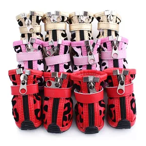 Leopard Print Pet Dog Shoes Soft PU Leather Flocked Boots With Zipper And Velcro Non Slip Rubber Sole For Small Dogs Shoes