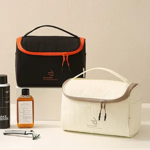 Grandes trousses de toilette de voyage en nylon noir et beige avec double fermeture