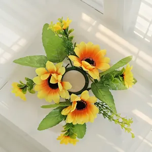 Detailed view of simulation sunflower candle ring with vibrant yellow petals