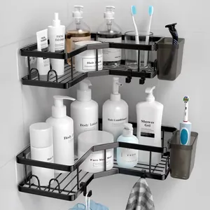 Modern Minimalist Bathroom Corner Shelf Wall Mounted Shower Caddy Storage Organizer Rack For Toilet Kitchen Organizer Black