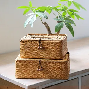 Juego de cajas de pañuelos de paja natural tejida para decoración y almacenamiento de hogar