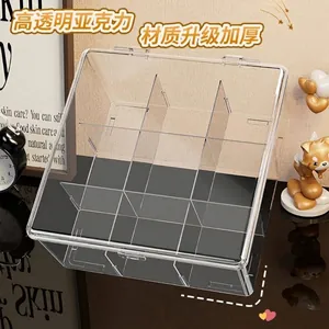 Clear acrylic desktop storage box with 9 compartments for badges and collectibles.